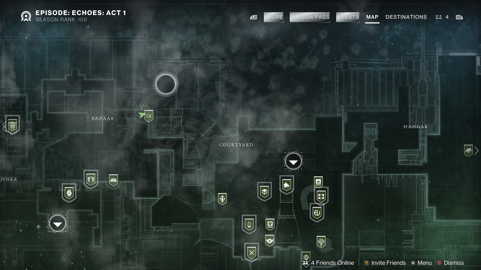 A view of the in-game map showing Xur's dedicated location of the Tower in Bungie's Destiny 2: The Final Shape. The vendor used to have random locations around the Sol System every week. Now, Xur has a dedicated location in the Tower, and much expanded inventory for Destiny 2 players to enjoy.