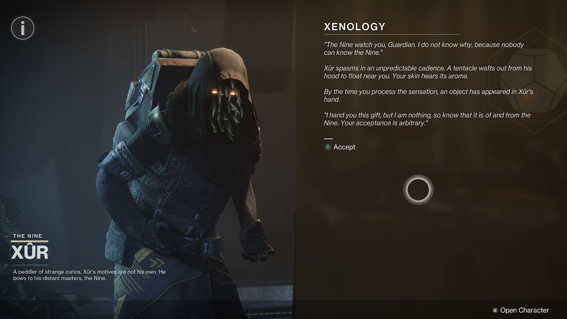 Xur's Xenology text in Bungie's Destiny 2: The Final Shape.