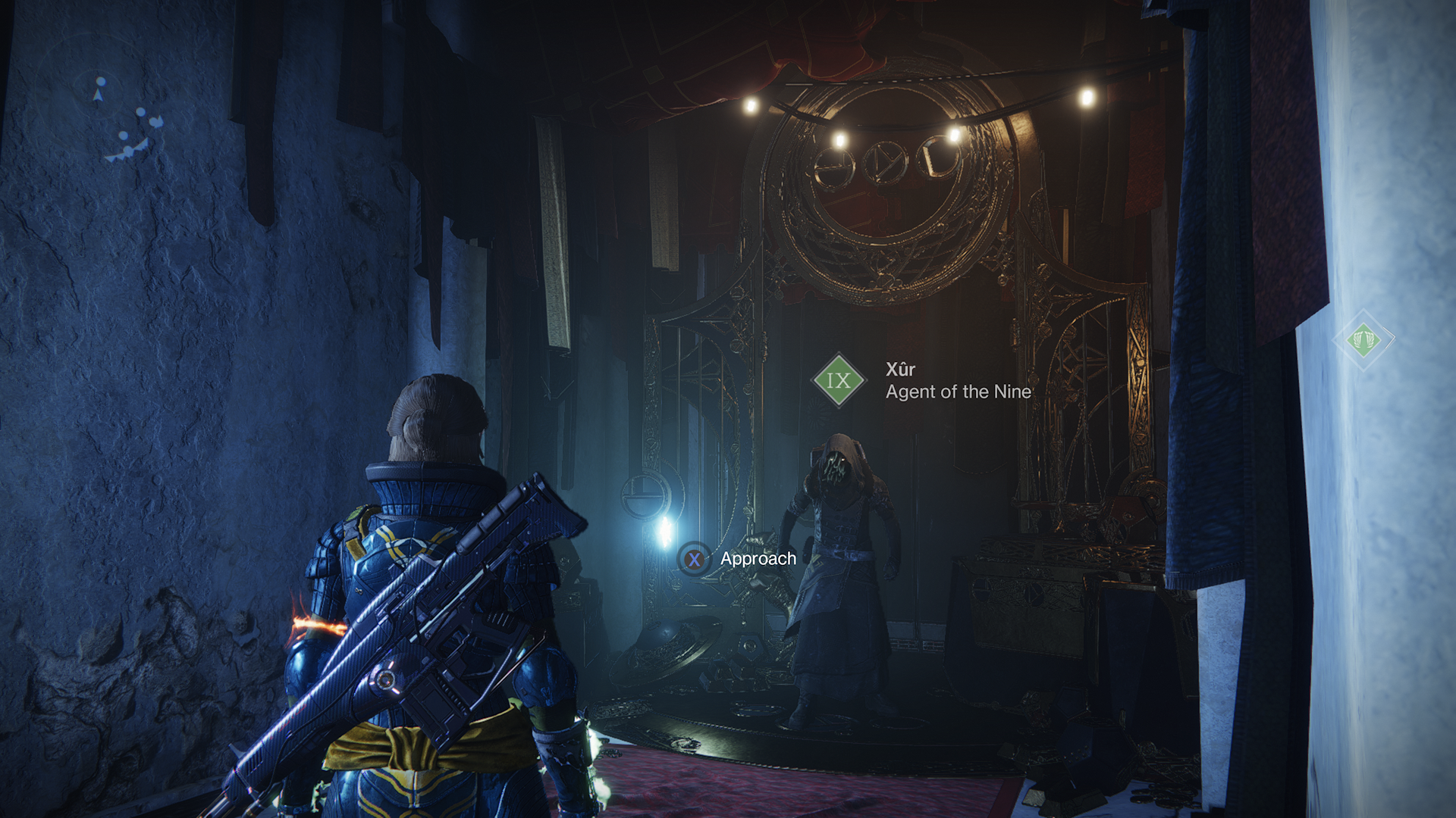 A player's character approaches Xur in Bungie's Destiny 2: The Final Shape.